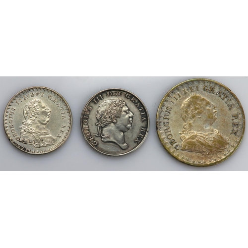 1289 - Bank Tokens (3): Three Shillings 1812 Fine, 18d 1812 small head ex-mount GVF, and 18d 1812 large hea... 