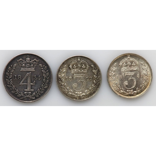 1375 - GB Silver Minors (3): Threepences 1887 Jubilee UNC, Maundy Threepence 1902 matte proof EF, and Maund... 