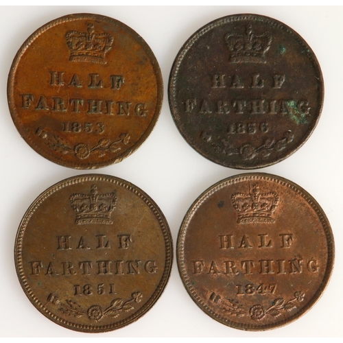 1424 - Half-Farthings (4): 1851 aEF, 1853 VF, 1854 EF trace lustre, and 1856 Fine, scratched.