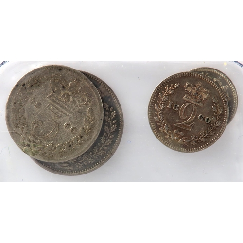 1432 - Maundy (partial) Set 1860: 4d GEF, 3d *currency issue* Fair, 2d EF, and 1d aFDC