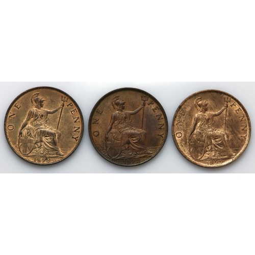 1468 - Pennies (3): 1898 EF with lustre, and 2x 1899, nEF and EF with lustre.