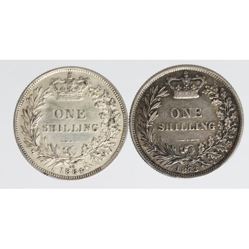 1530 - Shillings (2): 1864 die #56 cleaned nEF, and 1873 die #31 GVF