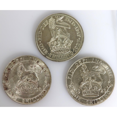 1536 - Shillings (3) George V: 1918 GEF, 1923 EF, and 1927 proof EF