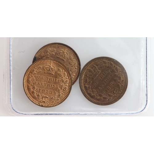 1554 - Third-Farthings x3 (for use in Malta): 1885 AU, 1902 lustrous GEF, spot rev., and 1913 lustrous GEF