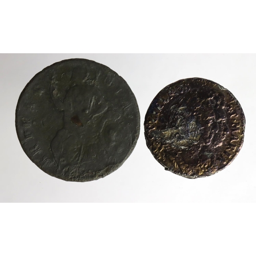 1565 - William & Mary Tin Halfpenny Fair with a flaking surface, date illegible, along with Tin Farthing 16... 