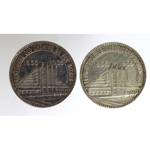 1571 - Belgium (2) silver 50 Francs, Railway Centennial 1935 French legends, crown alignment, KM# 106.1, GV... 