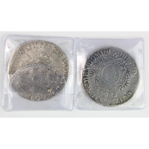 1590 - France, silver Ecus (2): 1726 mm.9 (Rennes) KM# 486.26 VG, and 1765 mm.L (Bayonne) KM# 512.12 nVF