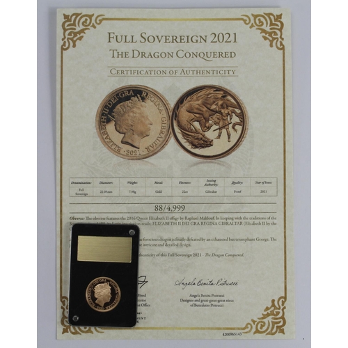 1599 - Gibraltar Sovereign 2021 proof FDC with certificate