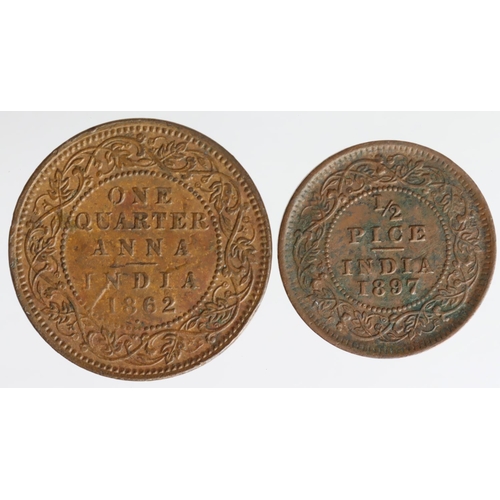 1606 - India (2): 1/2 Pice 1897 VF-GVF, and 1/4 Anna 1862 brown EF