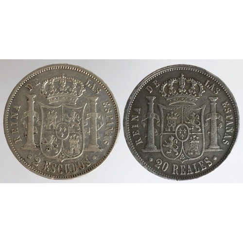 1627 - Spain (2) crown-size silver: 20 Reales 1855 7-pointed stars KM# 593.3 GF, and 2 Escudos 1868 KM# 629... 