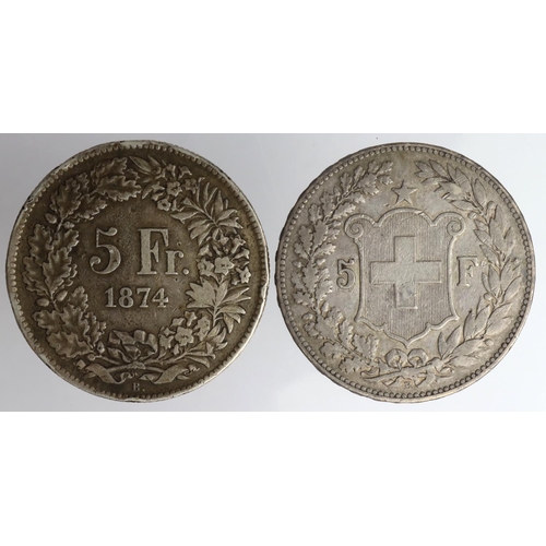 1634 - Switzerland (2) crown-size silver: 5 Francs 1874B. (Brussels) KM# 11 F/GF edge knocks, and 1890B KM#... 