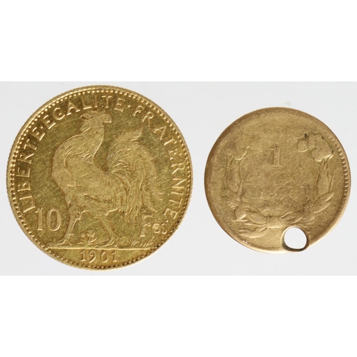 1641 - World Gold (2): France 10 Francs 1901 nVF, and USA Gold Dollar 1856 holed Fair. (approx 0.1361 troy ... 