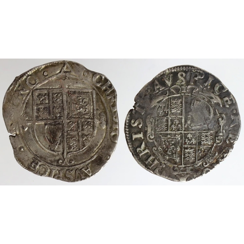 1672 - Charles I Shillings (2): mm. Bell S.2791 Fine, and mm. Triangle S.2799 VF, flan crack.