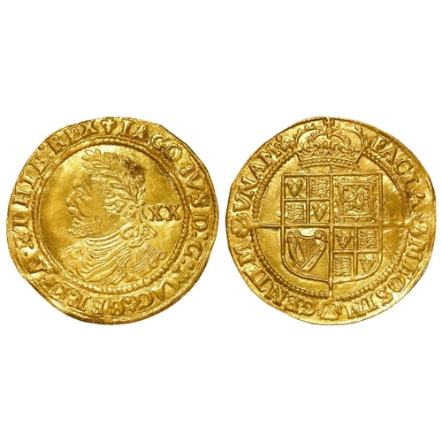 1694 - James I gold Laurel, fourth head, mm. Lis, 8.9g, S.2638b, nEF, tooling/cleaning scratches in the hai... 