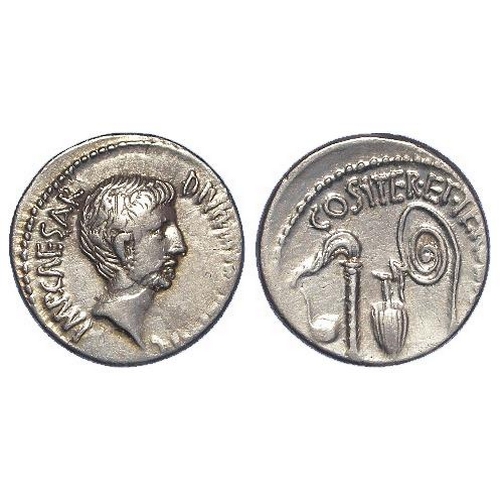 1706 - Roman Triumviral silver Denarius of Octavian circa 37 BC, 3.90 g. Bare head of Octavian r. Rev. Prie... 