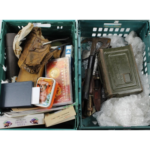 180 - Two large green plastic crates full of various Bayonets, knives, daggers, Axe, and mixed militaria i... 