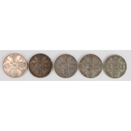 1811 - GB Double-Florins (5): 1887 roman 1 EF light bagmarks, the rest 1887-1890, VG-Fine.