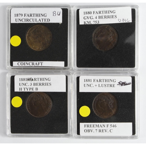 1829 - GB Farthings (4): 1880 4 berries nEF scratch, 1881 F.546 EF trace lustre, 1881H 3 berries H type B E... 