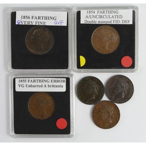 1831 - GB Farthings (6) copper: 1828 VF-GVF edge knocks, ditto GVF, 1829 GVF hairlines rev., 1854 lightly c... 