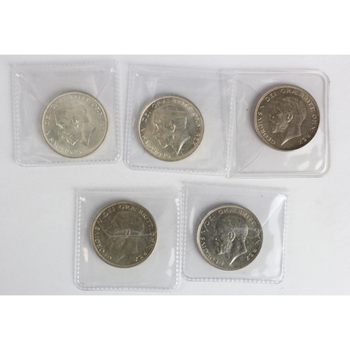 1856 - GB Halfcrowns (5): 1915 BU, 1917 EF, 1929 EF, 1929 GEF, and 1931 GEF