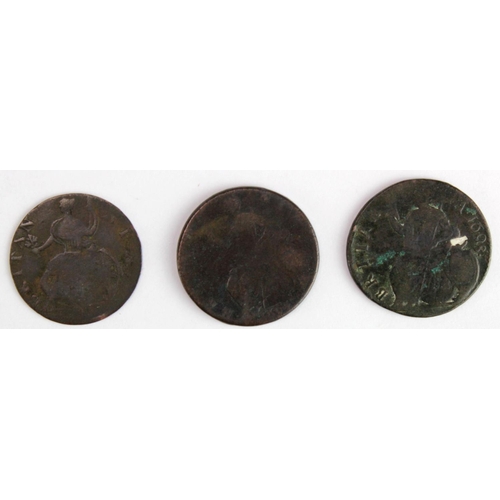 1867 - GB Halfpennies (3): 1694 Fair, 1698 Fair (plugged), and thin flan GIII contemporary forgery.