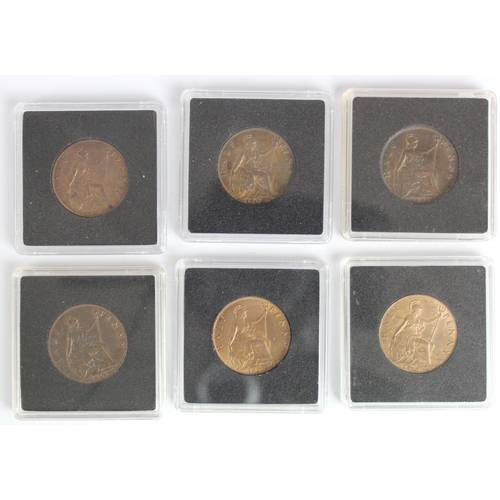 1871 - GB Halfpennies (6) Edward VII with lustre: 1903 UNC, 1904 GEF, 1905 EF, 1907 EF, 1908 EF, and 1909 G... 