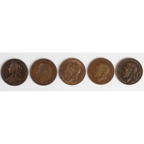 1900 - GB Pennies (5): 1895 low tide and P 2mm from trident Fine, 1918KN Fine, 1919H GVF edge knock, 1919KN... 