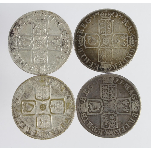 1955 - GB Shillings (4) early milled: 1707E S.3608 bold VG, 1709 plain cleaned Fine, 1711 4th bust plain cl... 