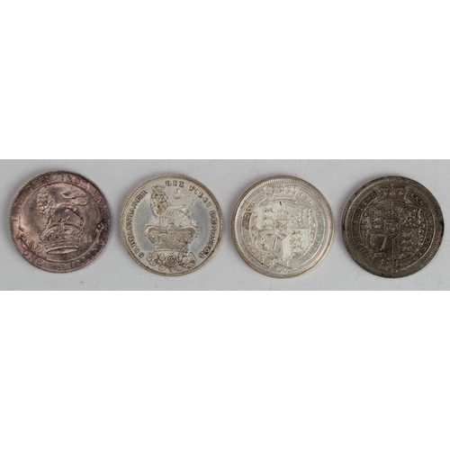 1958 - GB Shillings (4): 1816 VF/GVF, 1817 cleaned nEF, 1826 cleaned nEF, and 1911 toned EF