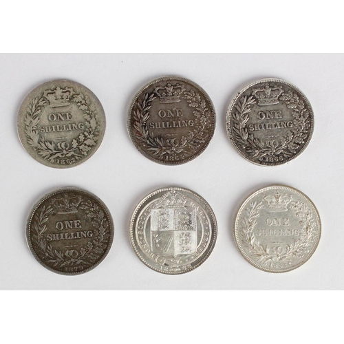 1967 - GB Shillings (6): 1853 cleaned VF, 1862 Fair, 1864 die #29 VF, 1866 die #7 VF, 1879 aVF, and 1888/7 ... 