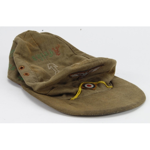 212 - German Afrika Korps soft Forage cap, with extra embroided detail inc Palm tree & Camels likely when ... 