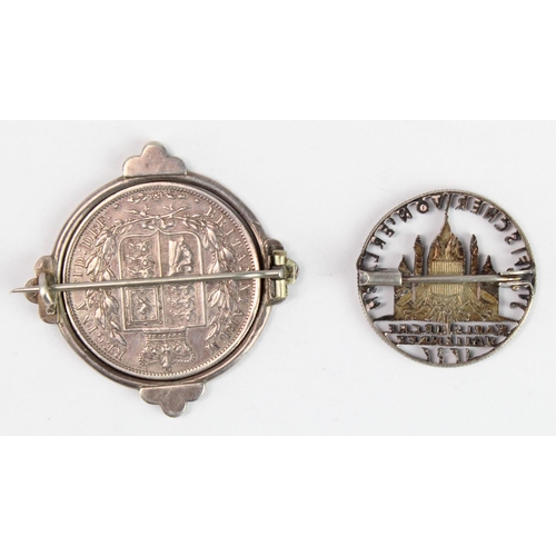 2152 - Coin Brooches (2): GB Halfcrown 1883 VF on a horizontal swivel mount brooch with pin; along with an ... 