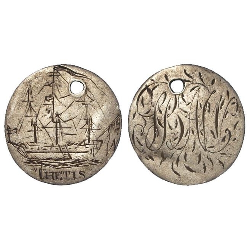 2197 - Napoleonic Wars Interest Engraved Coin: 25mm silver flan engraved with a ship, named THETIS below (l... 