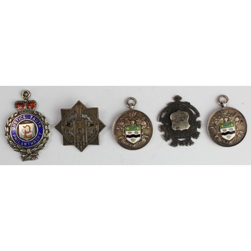 2217 - Silver Fobs & Badges (5) early 20thC.