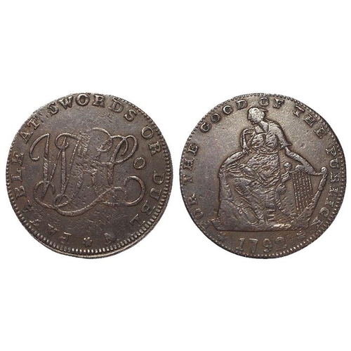 2225 - Token, 18thC Ireland: Dublin W H Co. 'Payable at Swords or Dublin' Halfpenny 1792, thin flan, plain ... 