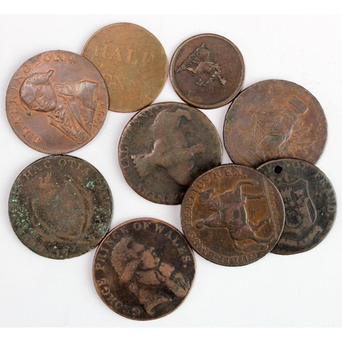 2234 - Tokens (9) 18th-19thC copper assortment, mixed grade, one holed.