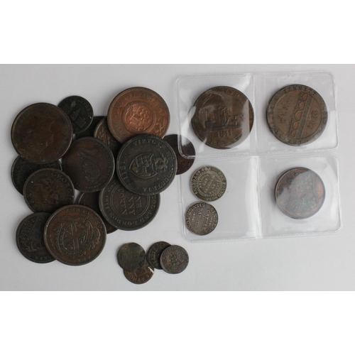 2240 - Tokens, 19thC (19) and 17thC or similar (4), mixed grade. Noted York silver Sixpence 1811 VF, St Hel... 