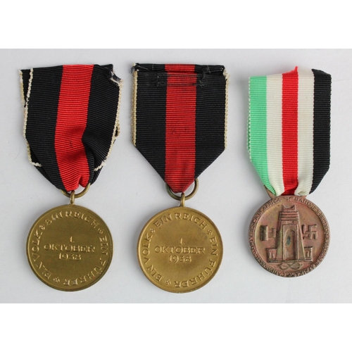 382 - German Nazi Sudetenland Medal 1 Oktober 1938 medal x2, plus German-Italian Africa Campaign Medal. (3... 