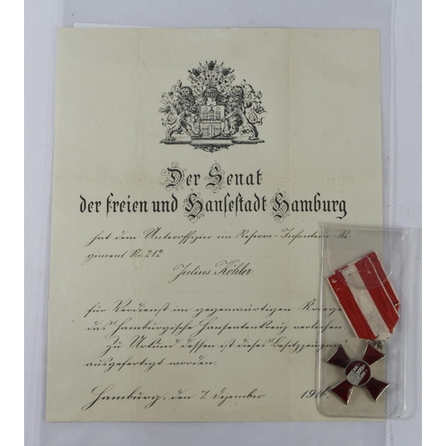 502 - Imperial German WW1 Hamburg Hanseatic Cross for merit with award document to Unteroffizier Julius Ko... 