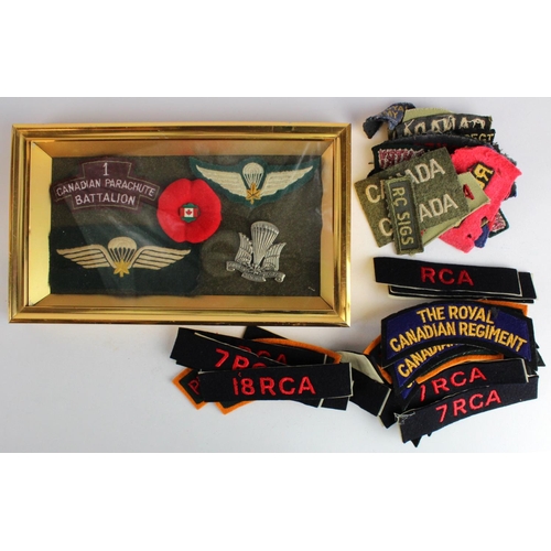 591 - Badges: Canadian Parachute Battalion WW2 cloth and metal badges framed as well as WW2 embroidered fe... 