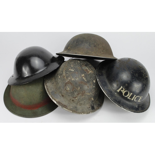 638 - British WW2 Civil Defence Helmets, 1x Police with liner, 1x D.C. plus liner, and 3x shells.   (5)