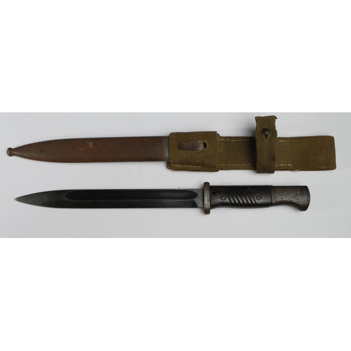 98 - German WW2 Bayonet with scabbard and field made ? webbing frog. Blade stamped '2833 F' and 'jwn'. Fl... 