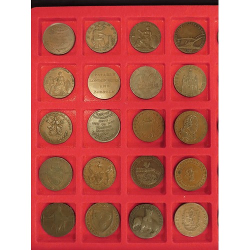 2238 - Tokens, 18thC (62) a collection in a 5-tray aluminium carry case, with keys. Better grades and types... 