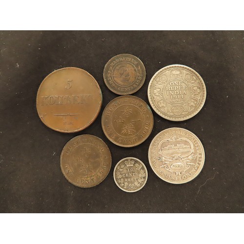 2056 - Small selection of world coins, India Rupee 1914, Australia Florin 1927, Canada 10c 1887, Russia 5 K... 