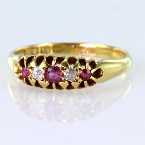 106 - 18ct yellow gold boat shaped five stone ring set with three graduated rubies spaced by two round old... 