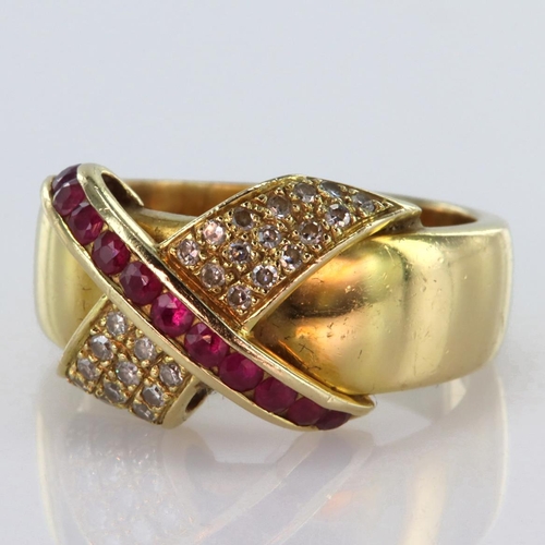 112 - 18ct yellow gold 8mm wide tapering band ring set with a cross of eleven round 1.5mm rubies in a chan... 