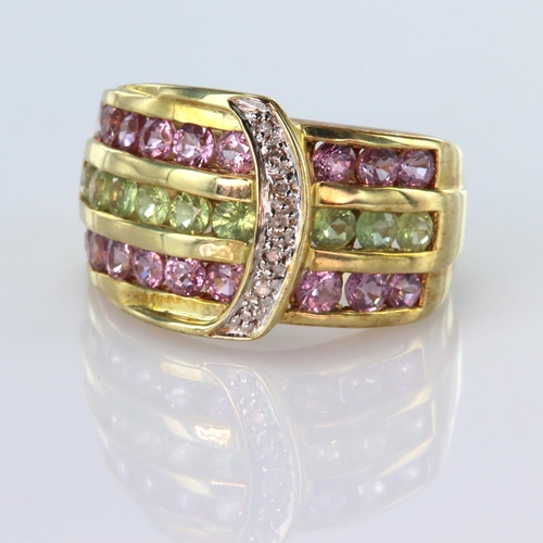 124 - 9ct yellow gold three row ring set with eighteen pink and nine green sapphire with a crescent set wi... 