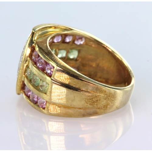 124 - 9ct yellow gold three row ring set with eighteen pink and nine green sapphire with a crescent set wi... 