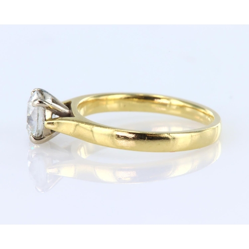 140 - 18ct yellow gold solitaire ring set with a certificated round brilliant cut diamond of 0.77ct, colou... 