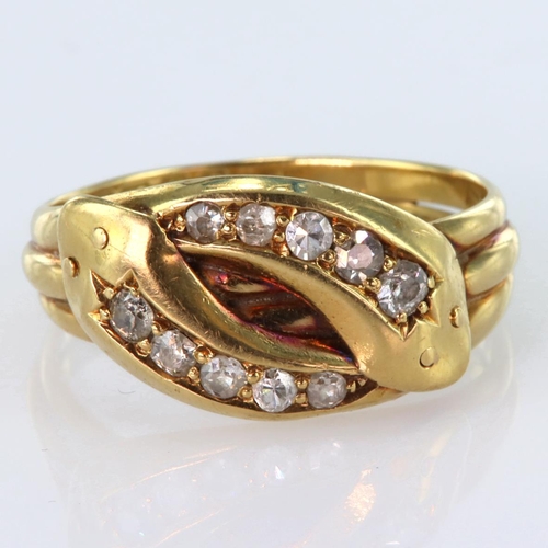 142 - 18ct yellow gold double snake head ring set with five old cut diamonds in each snake, total diamond ... 